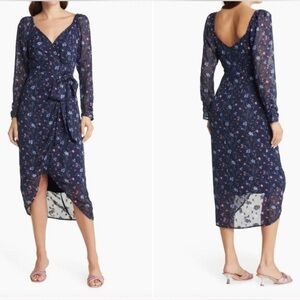 FLORET STUDIOS Navy blue floral faux wrap‎ midi dress size L.